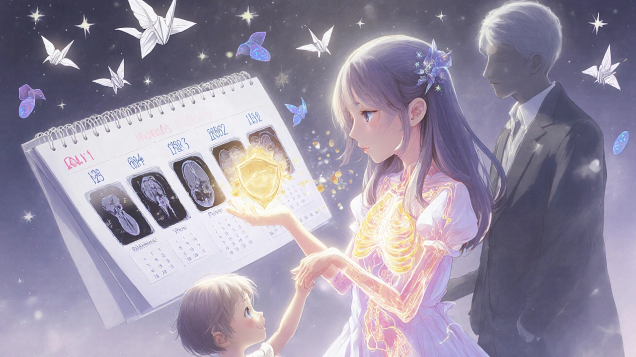 A girl shielding a child as invisible viral particles drift away, with medical records floating like cranes.