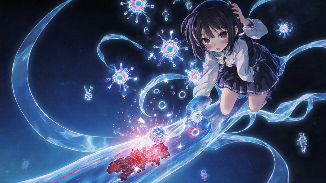 Anime scene of magical girl dispersing immune cells while a clot forms in a vein.