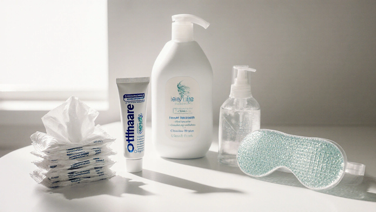 Bathroom counter with various eyelid‑care products arranged for visual comparison.