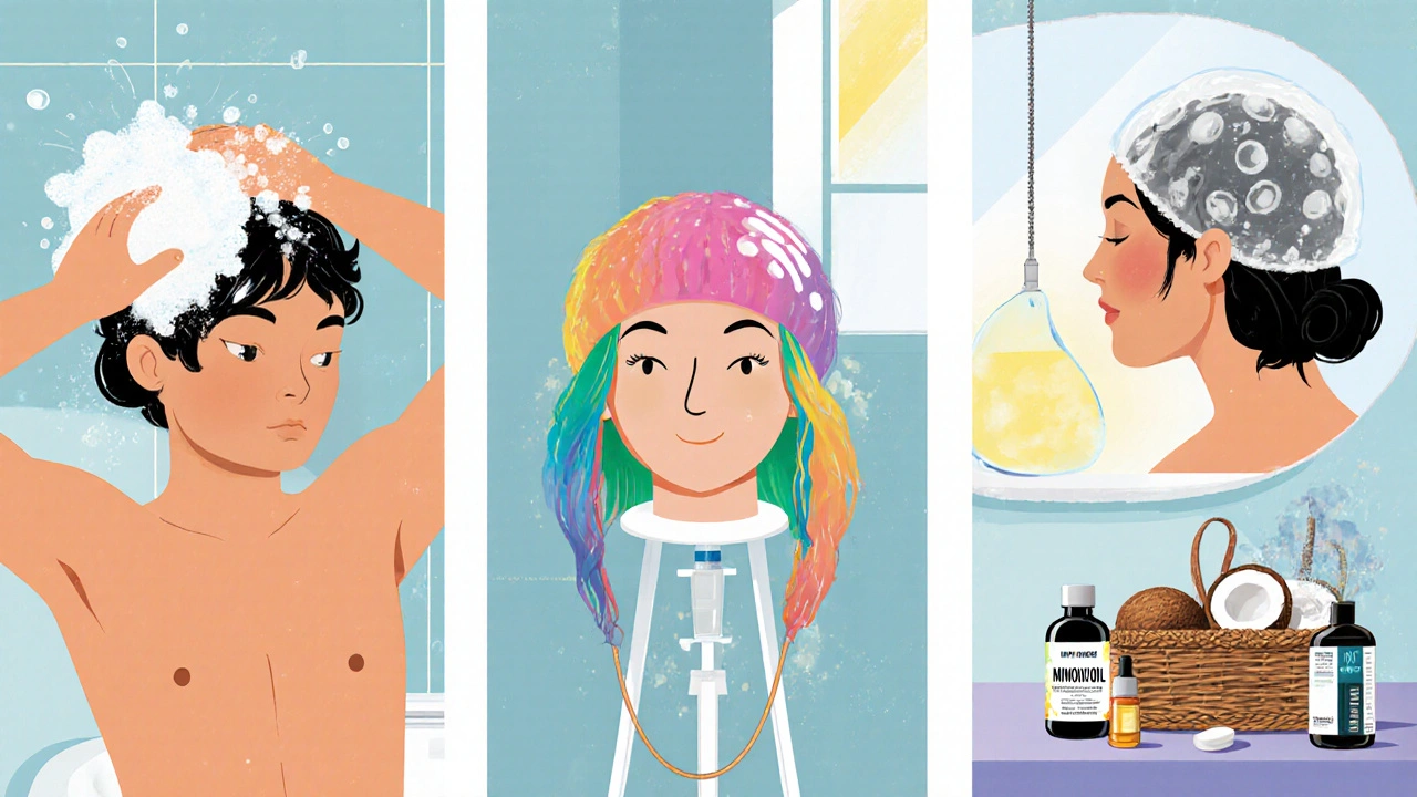 Bathroom scene showing gentle scalp washing, a synthetic wig on a stand, and a scalp‑cooling cap.