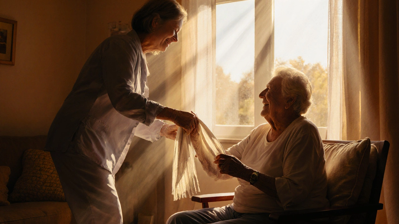 Caregiver and dementia patient sharing a gentle dance with a scarf in a sunlit room.