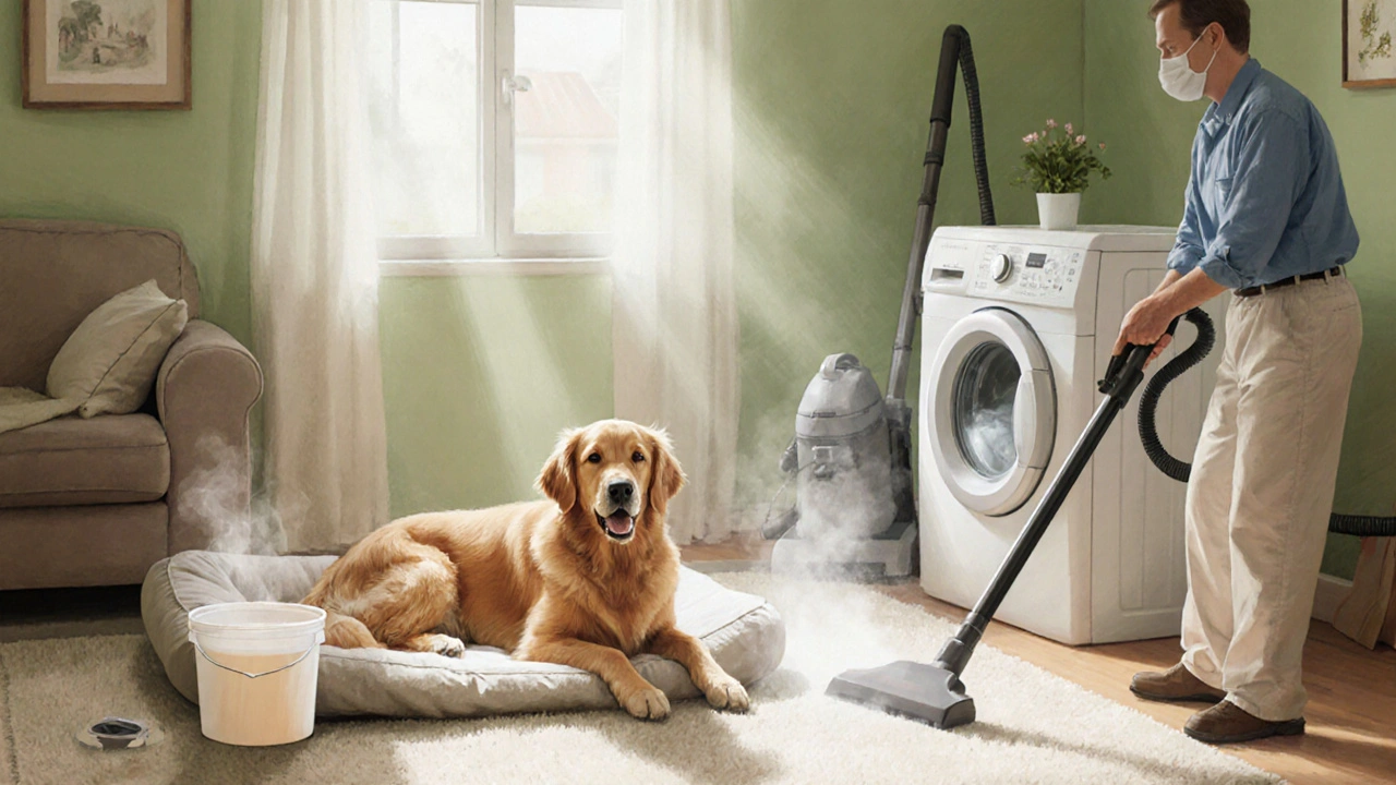 Clean home scene with a dog, steam cleaner, and cleaning supplies after treatment.