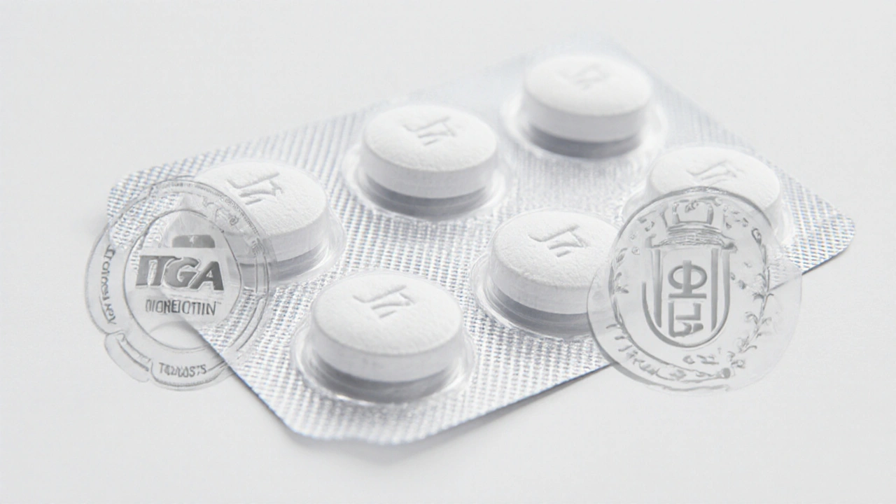 Close-up of white ivermectin tablets in blister pack with certification seals.