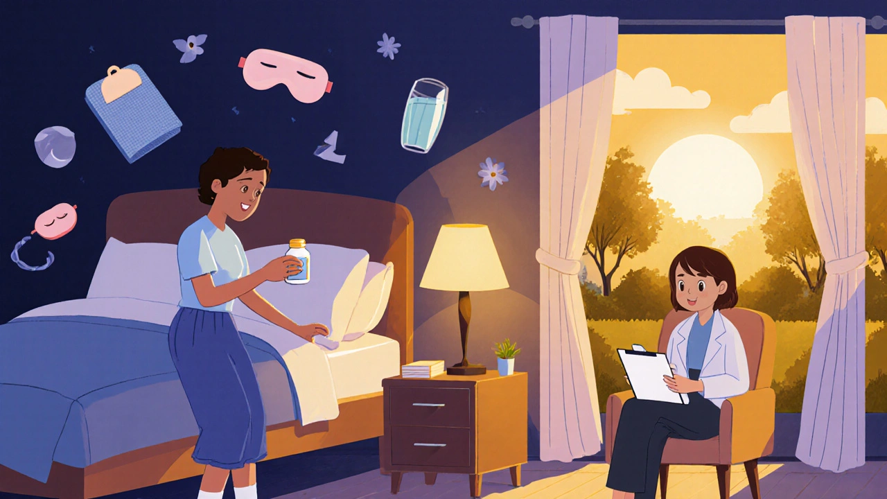 Cozy bedroom and garden scene of a person with medication, therapist, and self‑care icons.