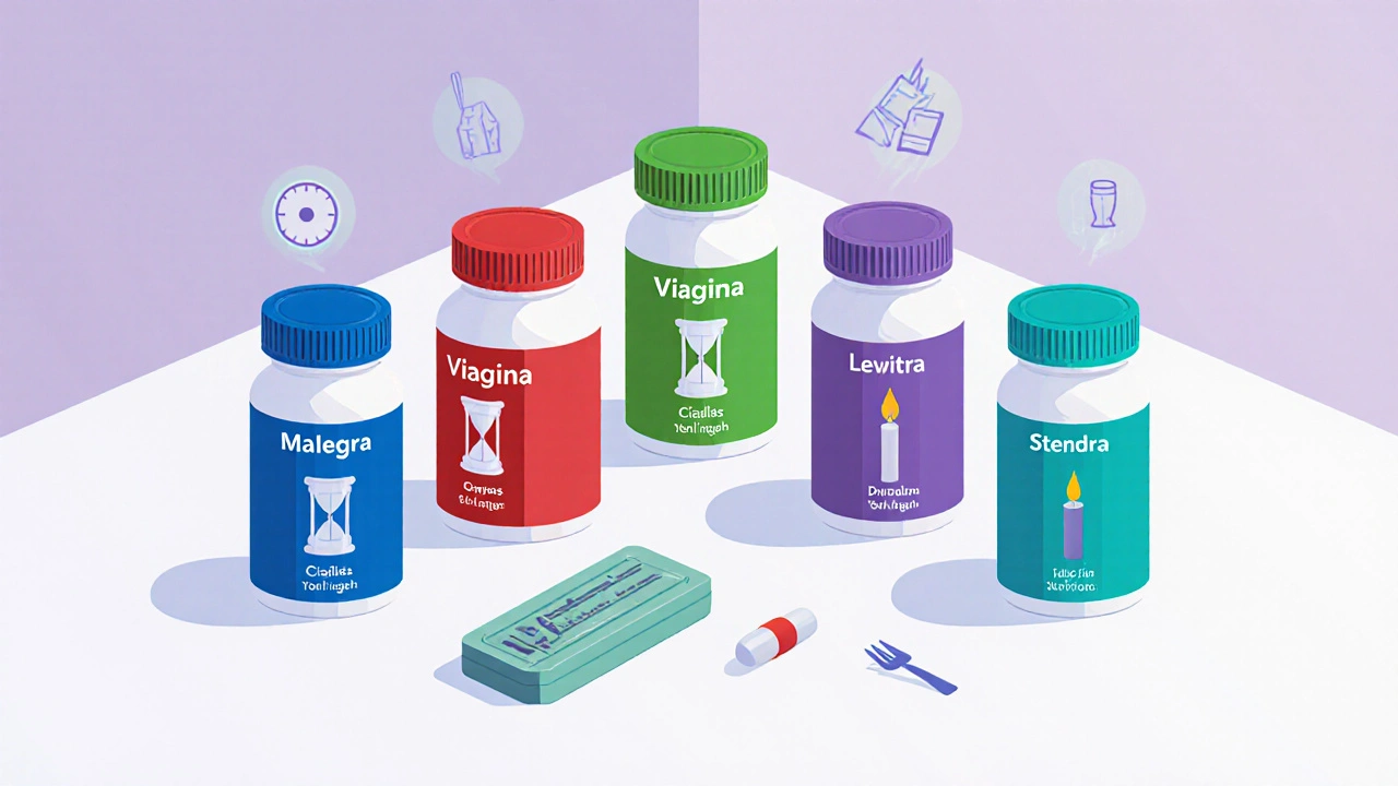 Five distinct pill bottles on a white surface with visual icons for speed and duration.