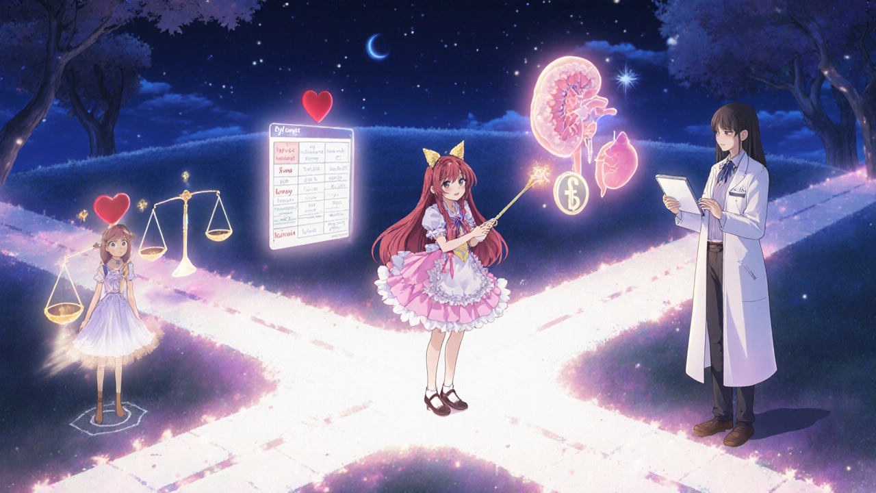 Glycomet heroine at a glowing crossroads choosing treatment paths based on health criteria.