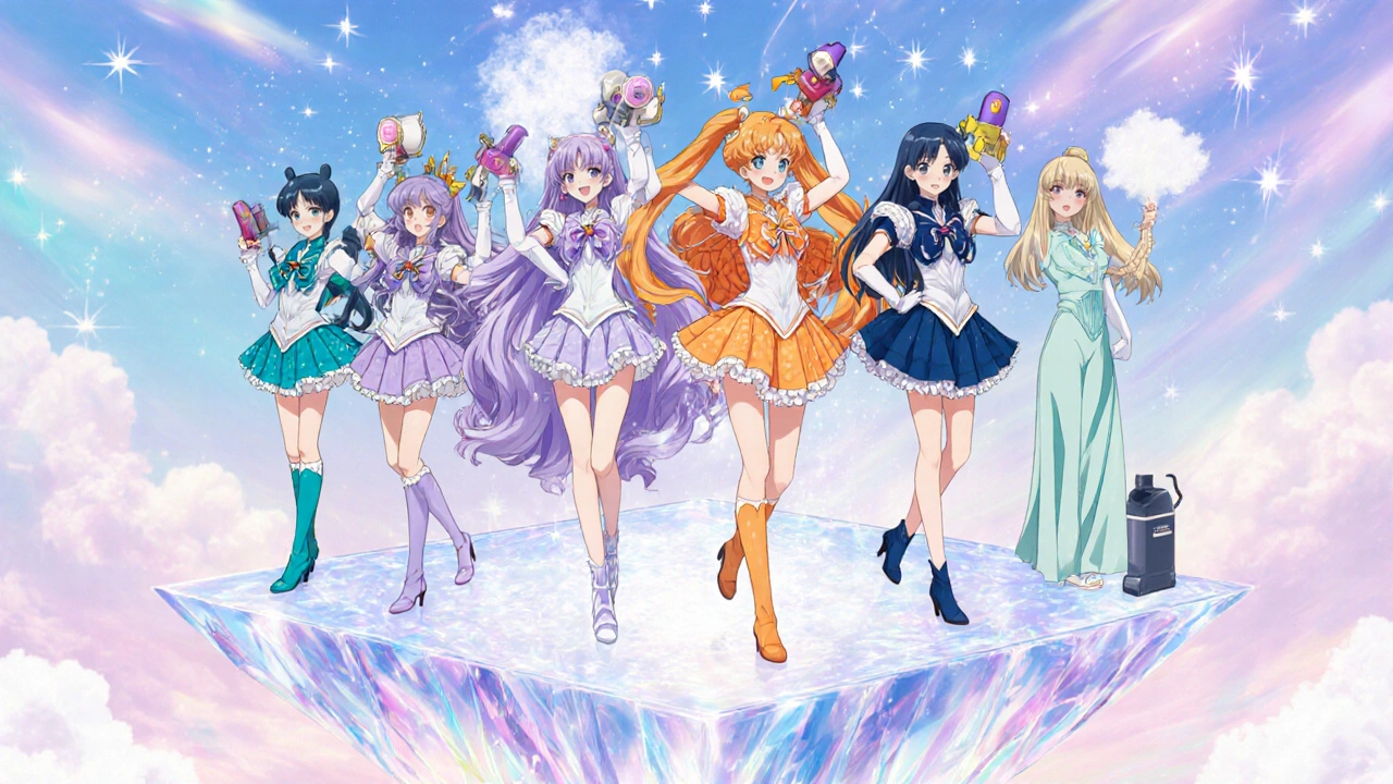 Group of magical girls each representing a different inhaler standing on a floating crystal platform.