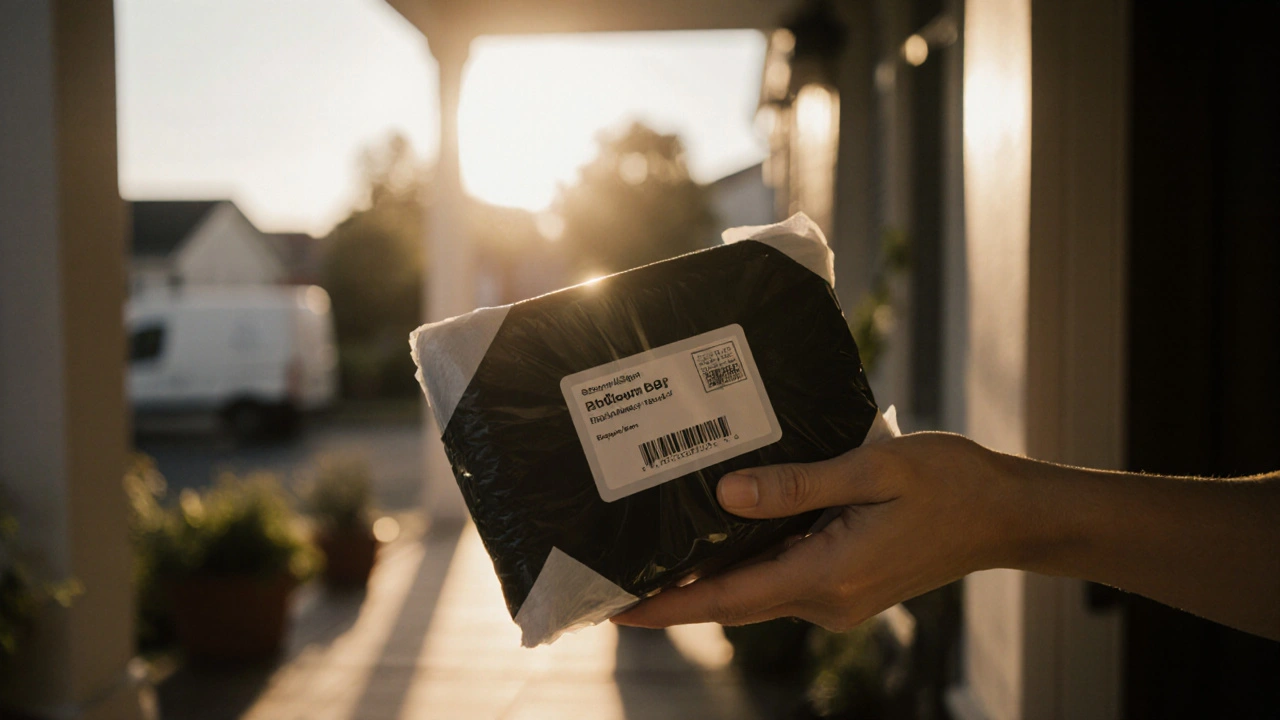 Hand receiving a discreet, tamper‑evident box of generic Neurontin at a doorstep, with soft morning light.