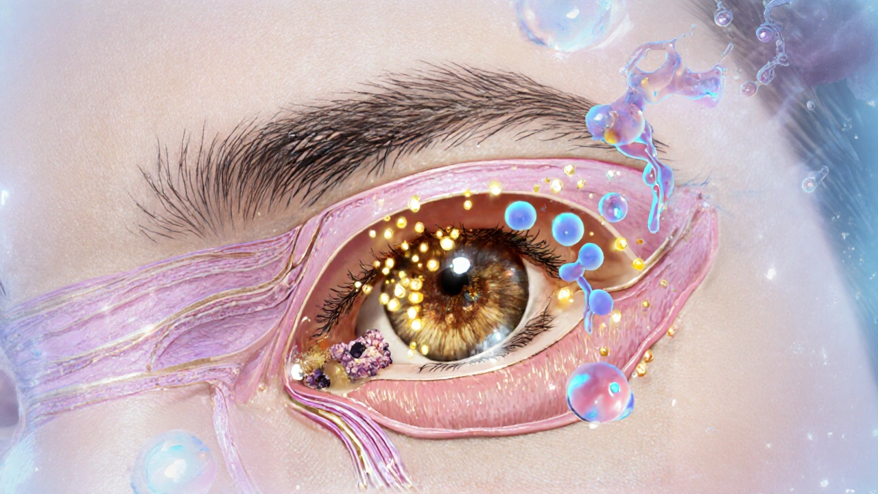 Illustrated eyelid cross‑section showing honey and rose oil reducing bacteria and inflammation.