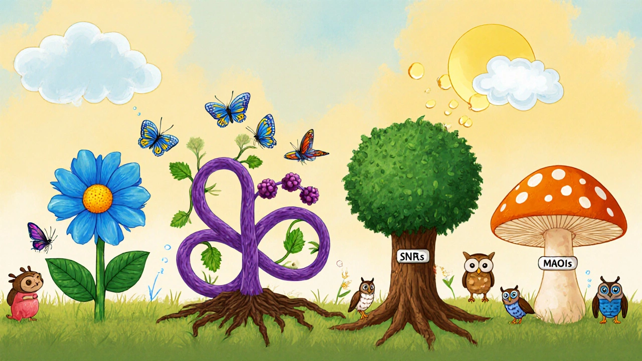 Illustrated garden with four plants representing SSRI, SNRI, TCA, and MAOI classes and tiny side‑effect critters.