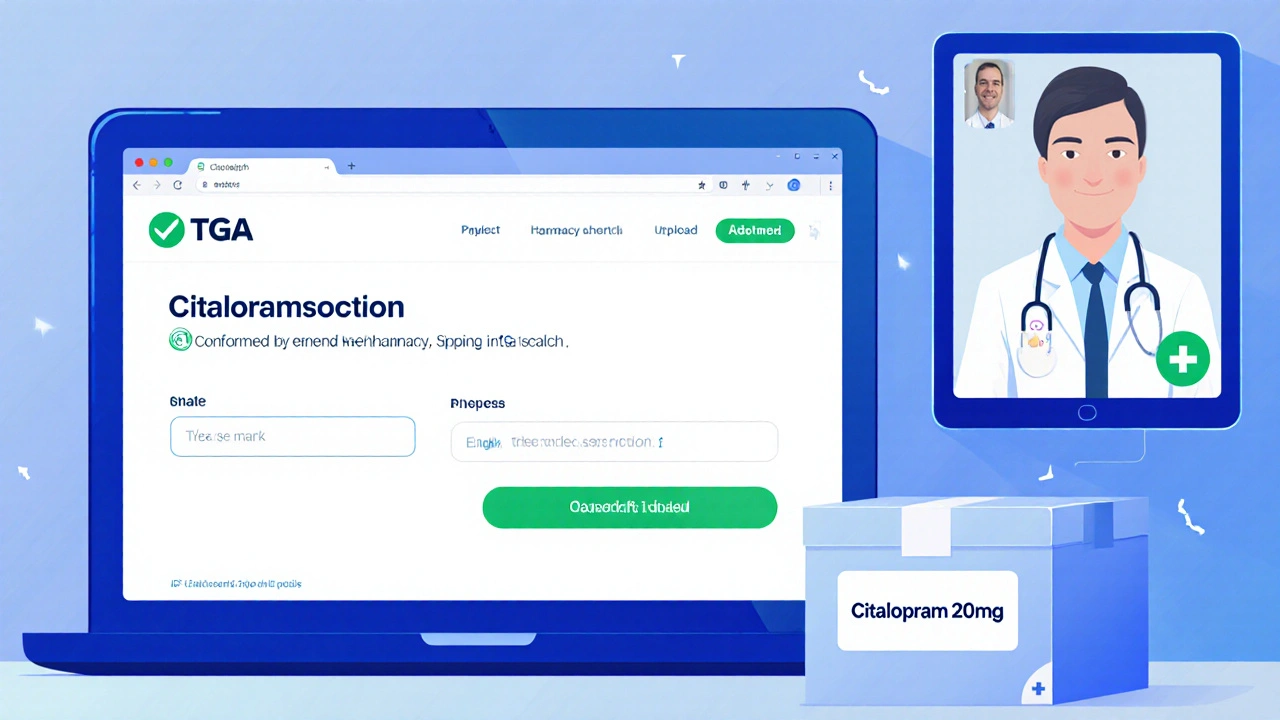 Illustration of an online pharmacy site, prescription upload, telehealth video, and a shipping box ready.