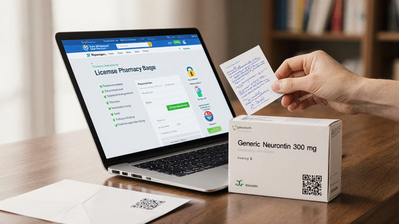 Laptop screen showing a verified online pharmacy checklist, prescription upload, and secure lock icon, with a sealed medication package beside it.