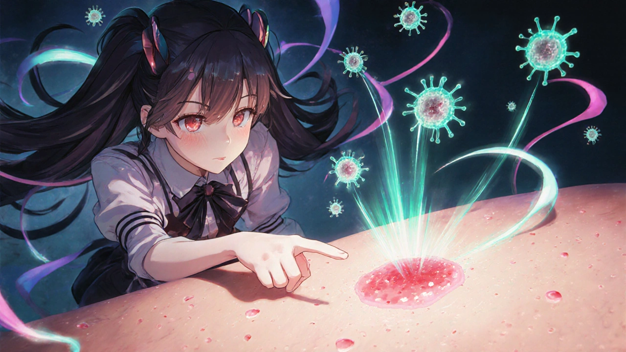 Magical girl activates glowing cytokine ribbons toward a skin lesion, showing immune response.