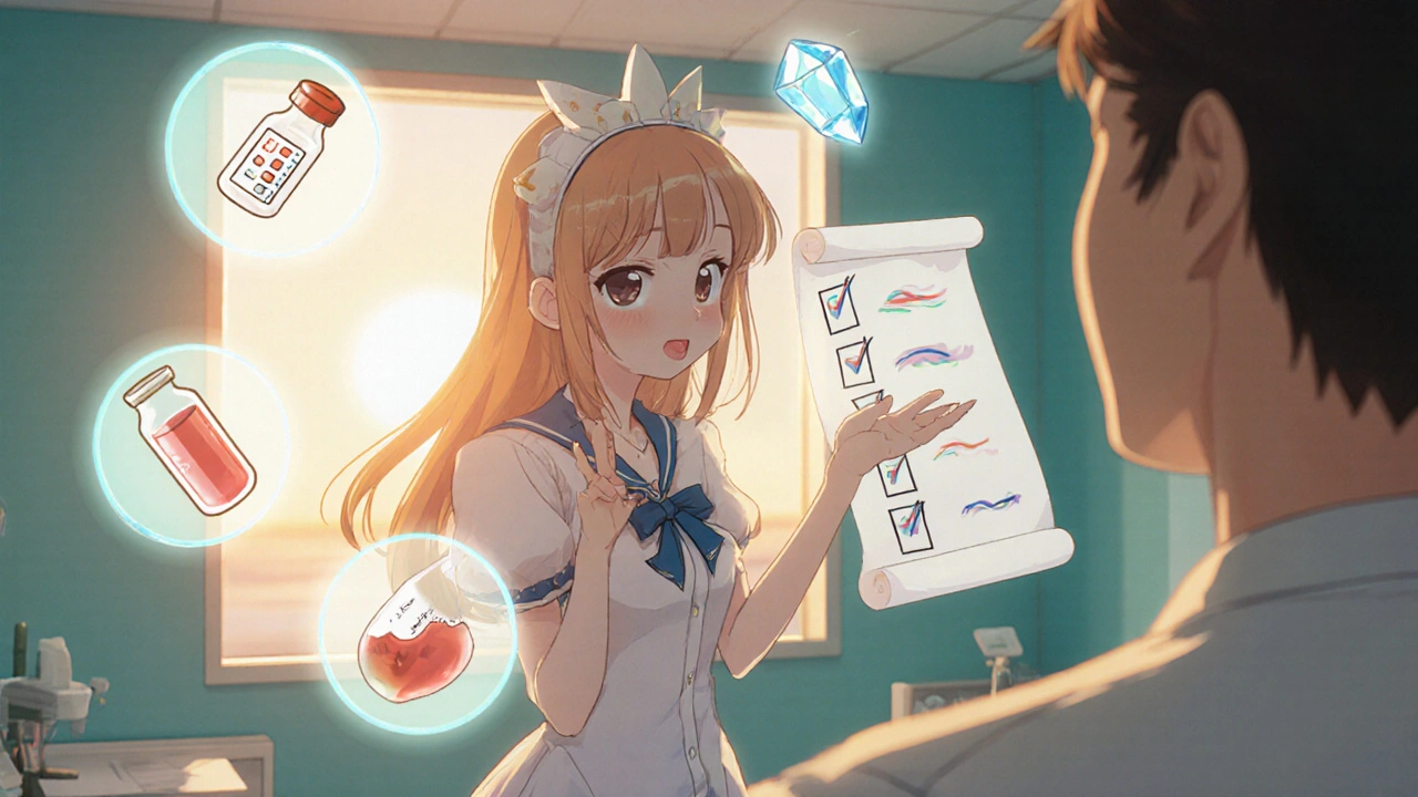 Magical girl advising a patient with floating lab icons and a checklist.