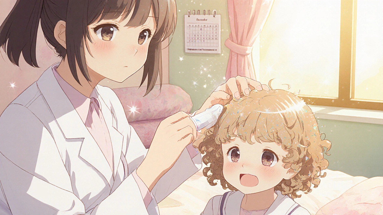 Magical girl applies permethrin cream to a toddler's hair in a sunny bedroom.