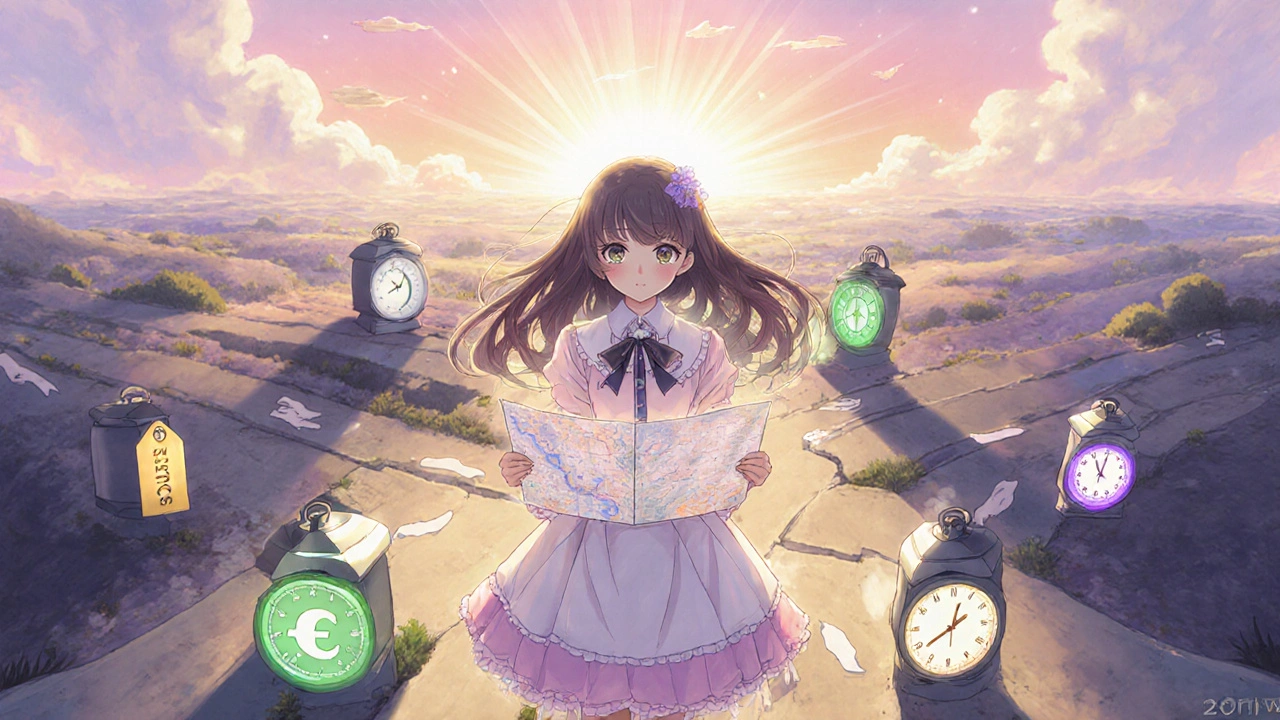 Magical girl at a crossroads with lanterns representing cost, time, tolerance, and safety.