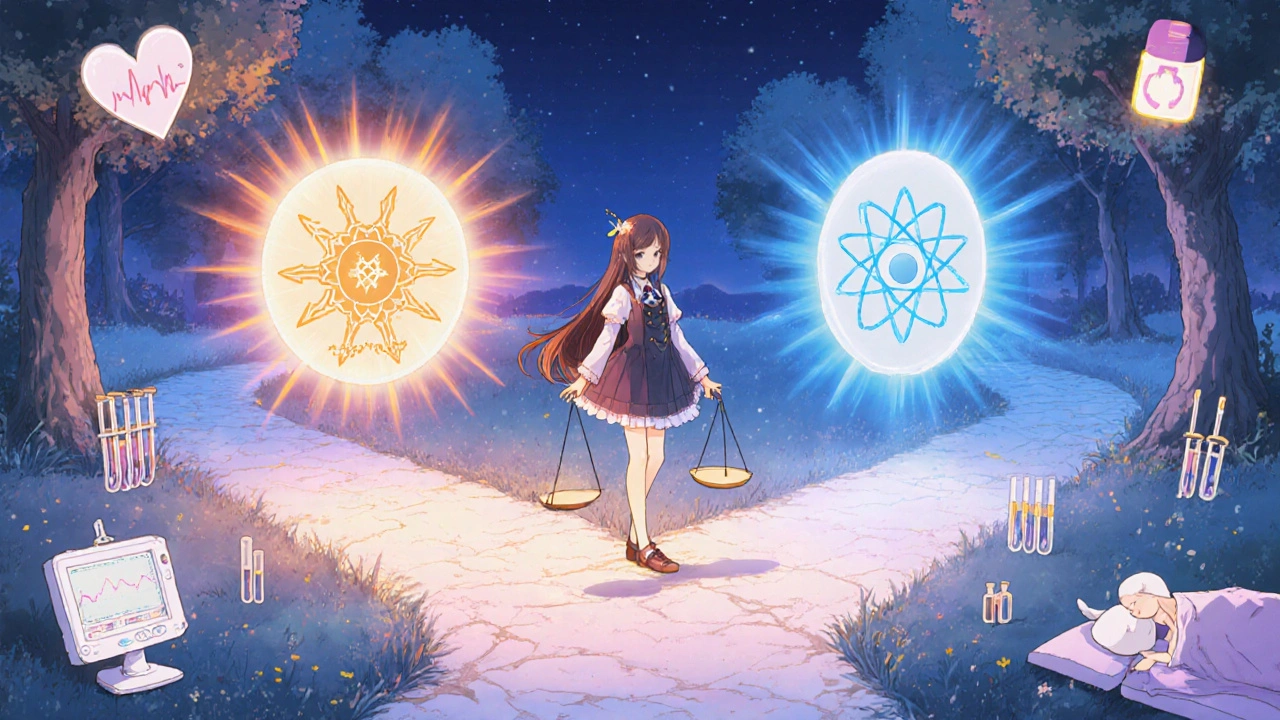 Magical girl at a garden crossroads weighing dopamine agonists against atomoxetine.