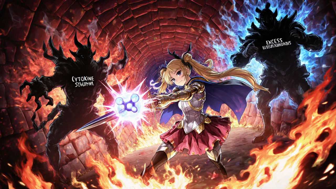 Magical girl battles scar tissue and cytokine monsters with a glycogen-shaped sword.