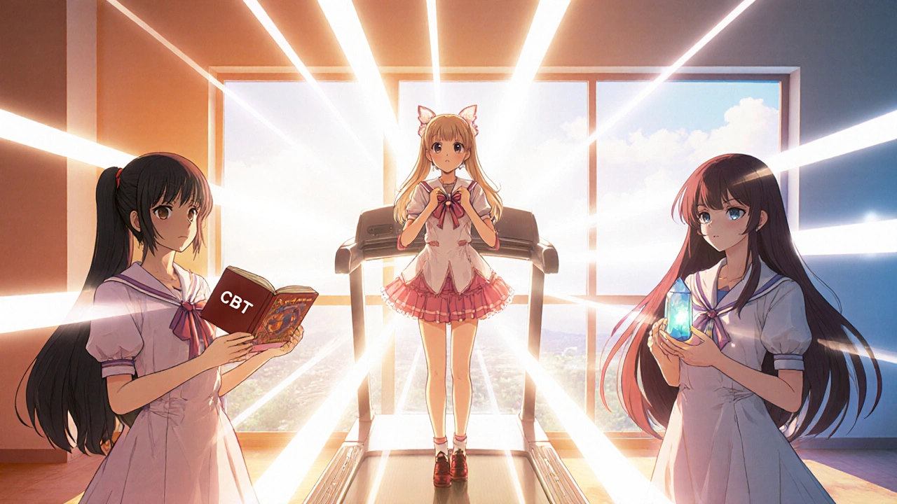 Magical girl doing breathing exercises with supportive friends in a bright rehab studio.