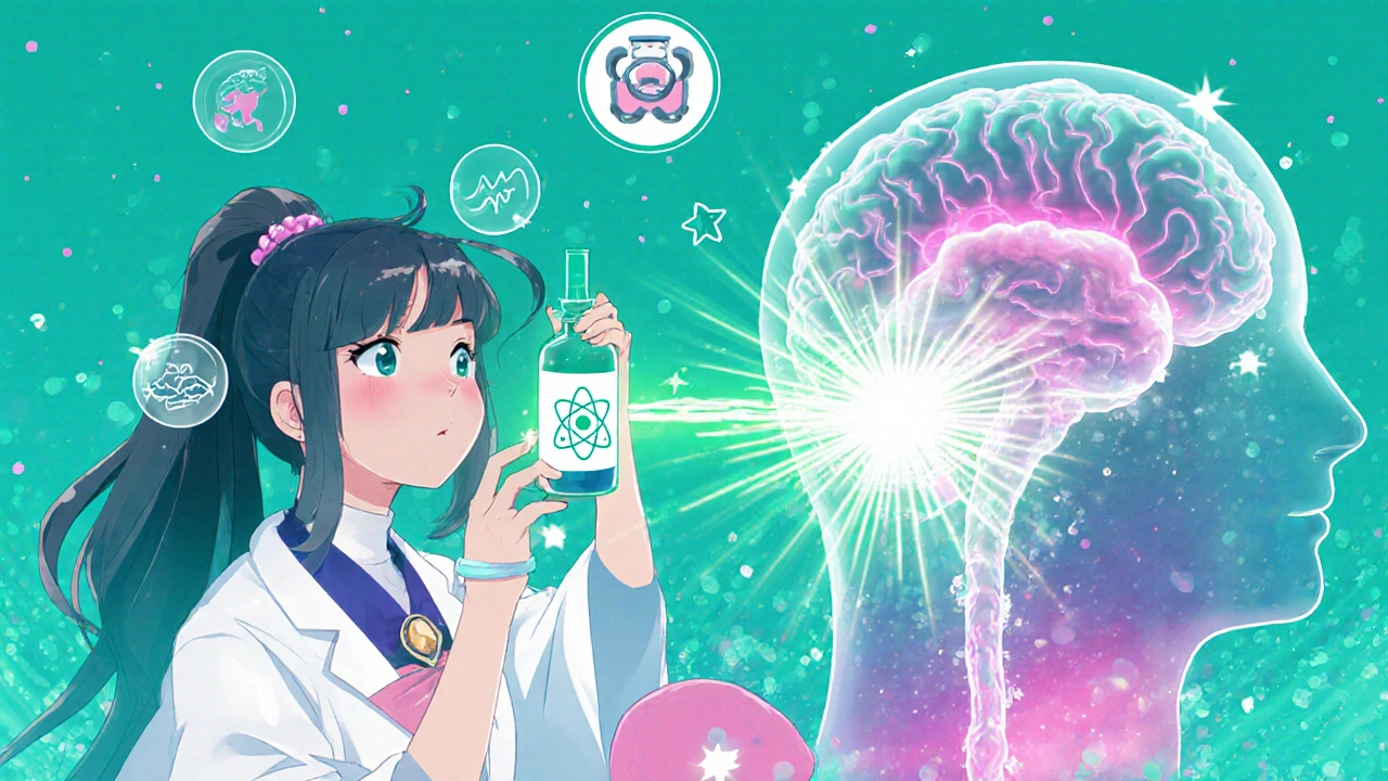Magical girl holding a vial of atomoxetine, projecting light into a holographic brain.