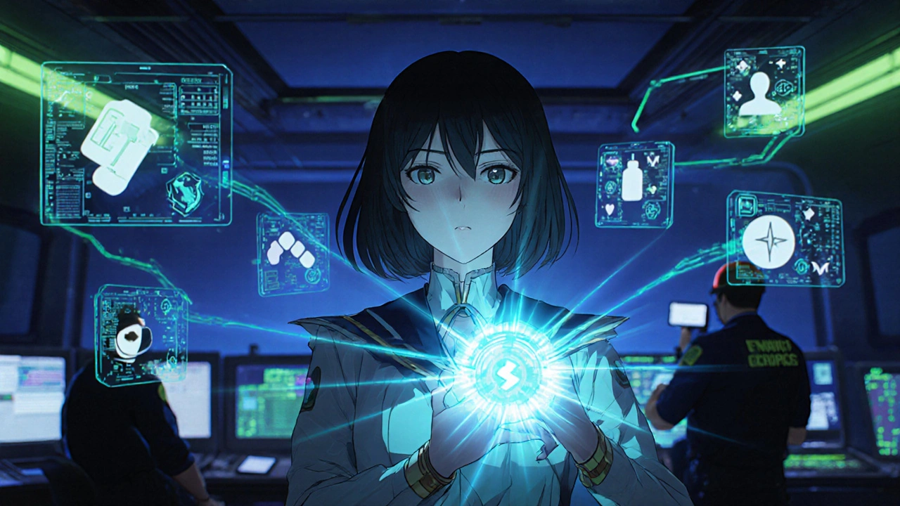 Magical girl in a futuristic command center connecting her glowing bracelet to holographic health records.