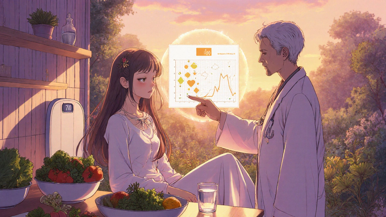 Magical girl in a kitchen garden with a mentor, showing healthy foods and a subtle weight scale.