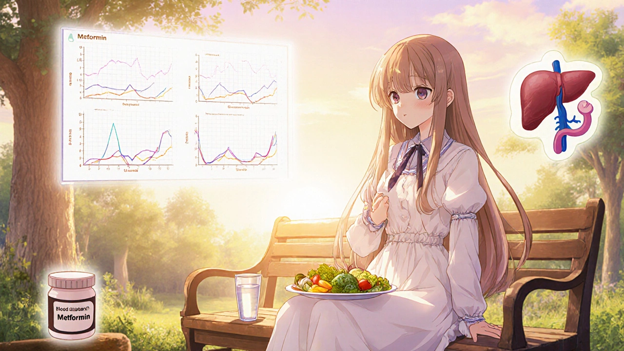 Magical girl relaxes in a garden with healthy food and medication, showing protective aura.
