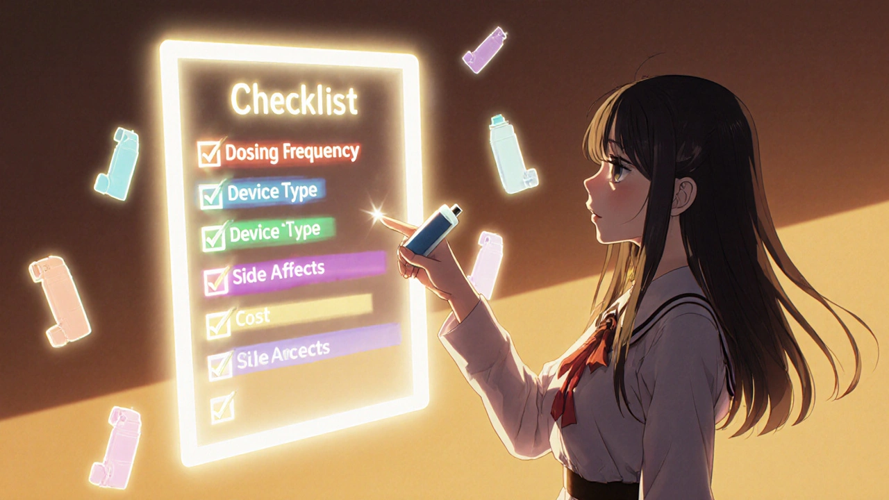 Magical girl reviewing a glowing checklist of inhaler criteria with holographic options around her.