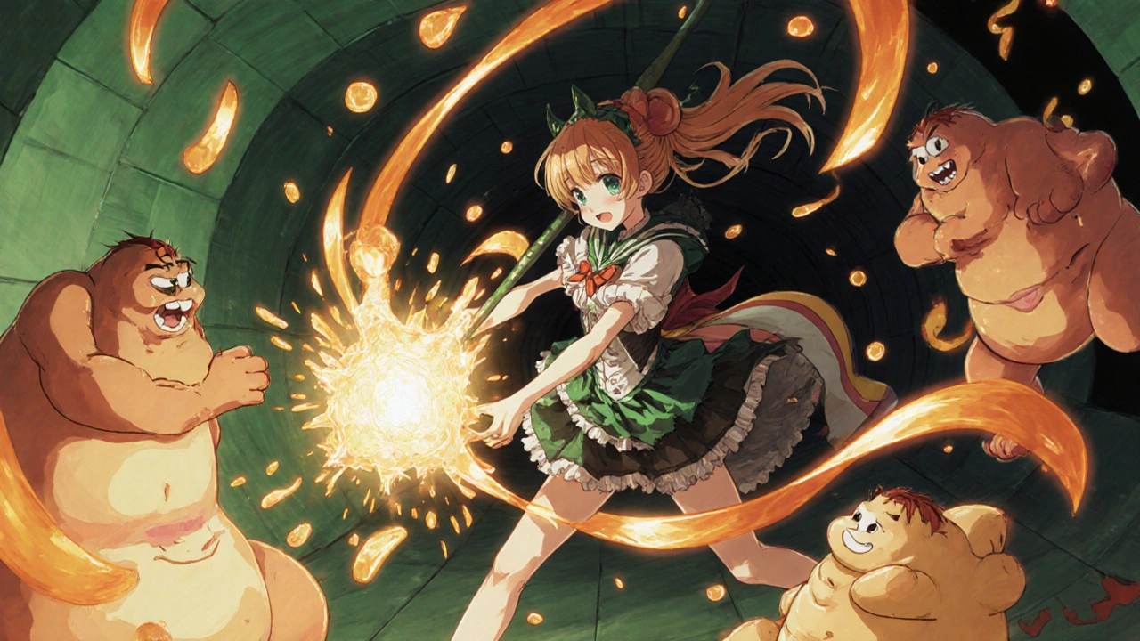 Magical girl using a glowing staff to capture fat droplets inside a stylized intestine tunnel.
