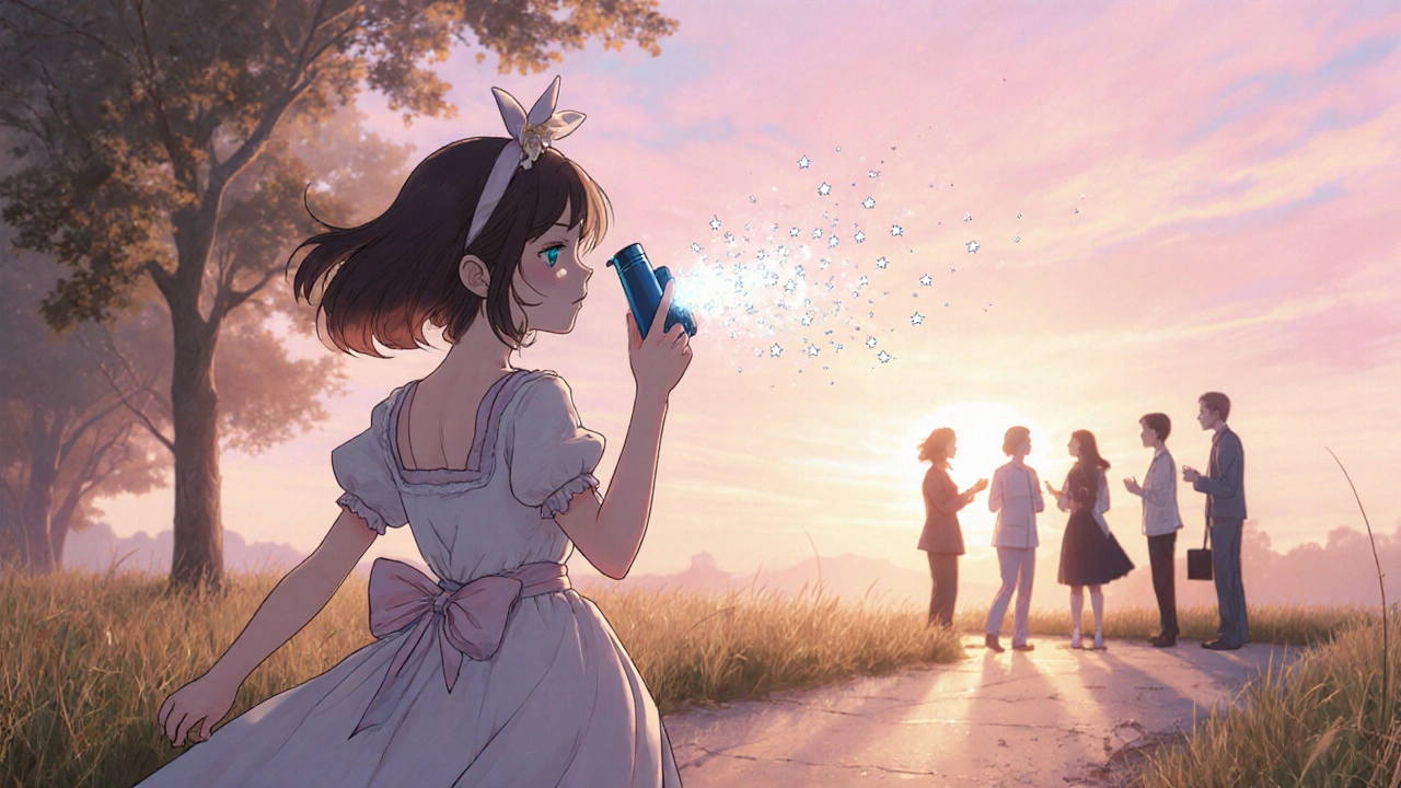 Magical girl walking at sunrise holding a glowing inhaler, with friends nearby.
