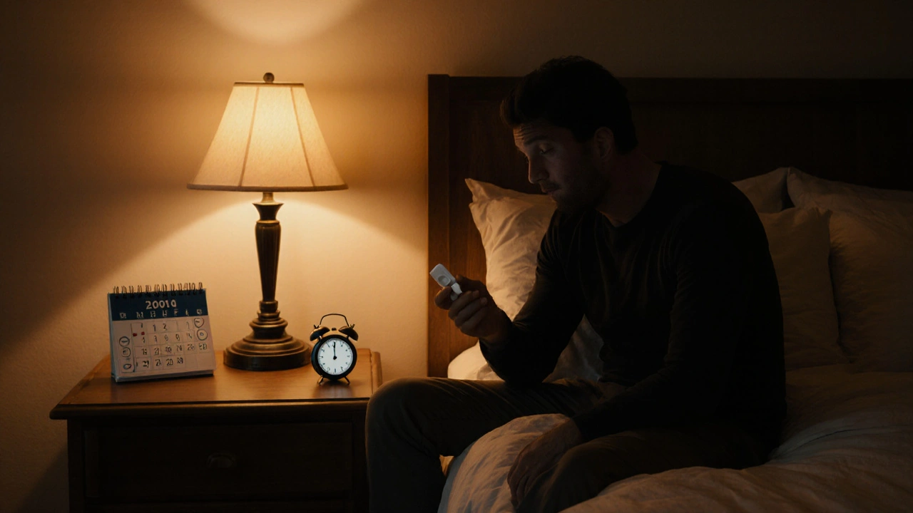 Man on a bed holding a tablet, looking at a clock and calendar in a warm room.
