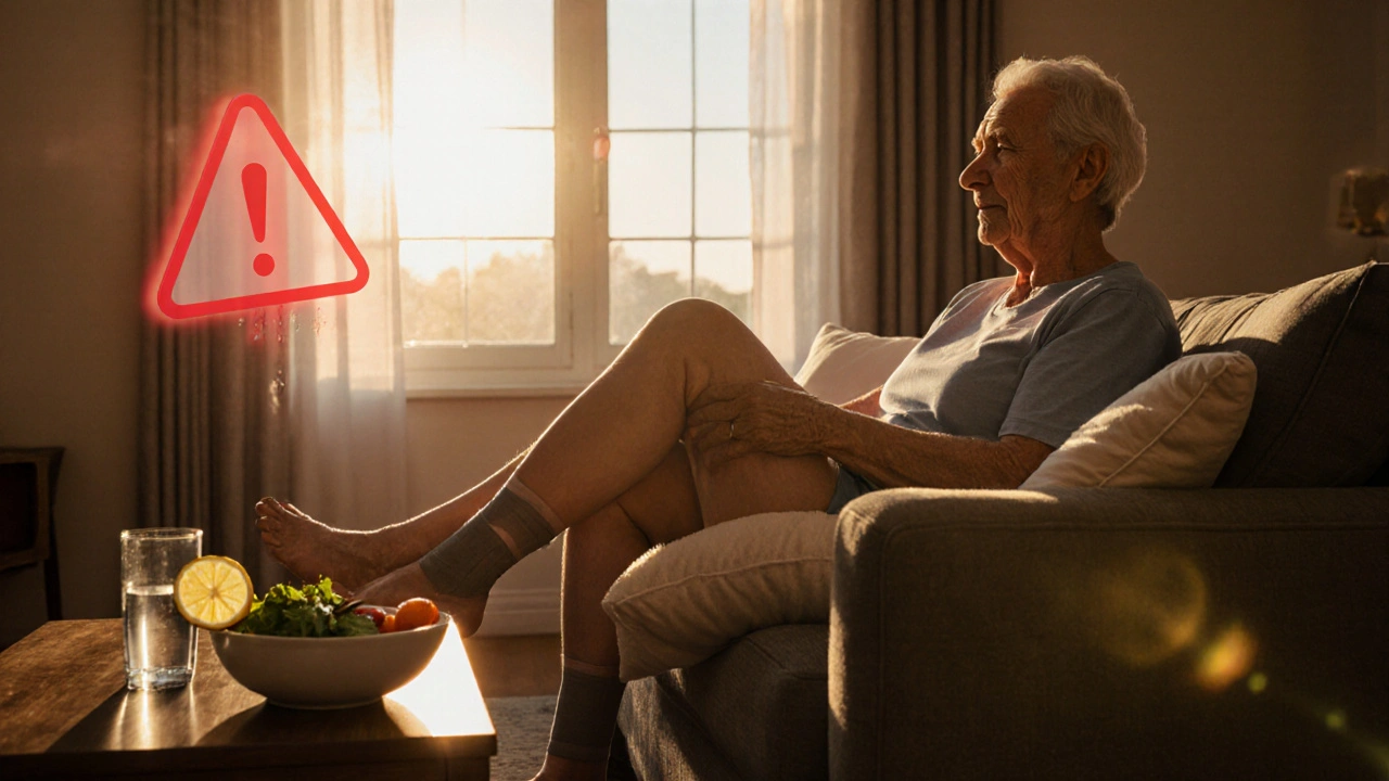 Person at home elevating legs, drinking water, with a sunrise outside indicating self‑care.