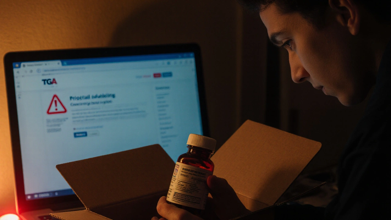 Person examining a suspicious medication package with a laptop showing a TGA warning.