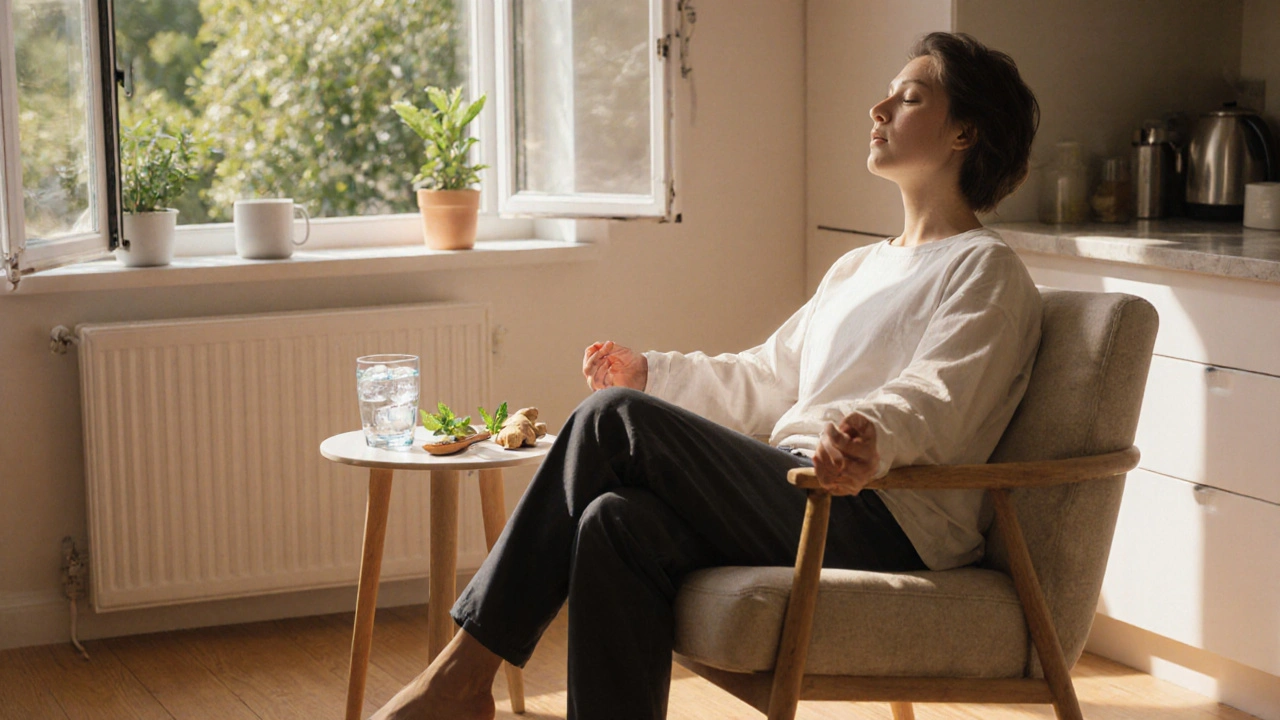 Photorealistic kitchen scene of a person upright, breathing, holding ginger and peppermint tea by an open window.