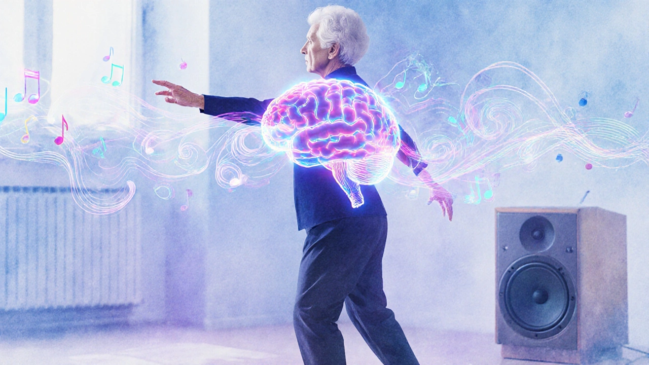 Senior dancing with a glowing brain overlay showing bright neural pathways.