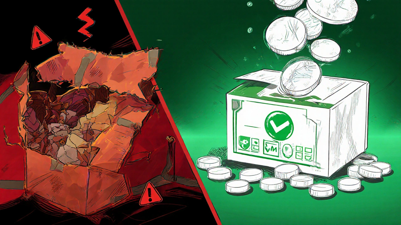 Split illustration comparing risky counterfeit pills to safe certified medication.