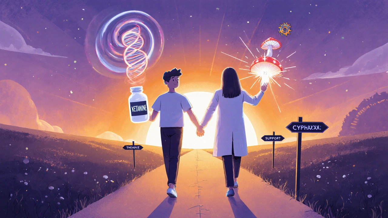 Sunrise path with a person holding ketamine vial and psilocybin mushroom under a floating DNA helix.