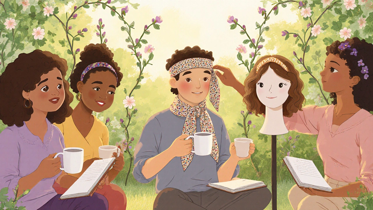 Support group in a garden, friends sharing, with blooming vines suggesting hair regrowth.