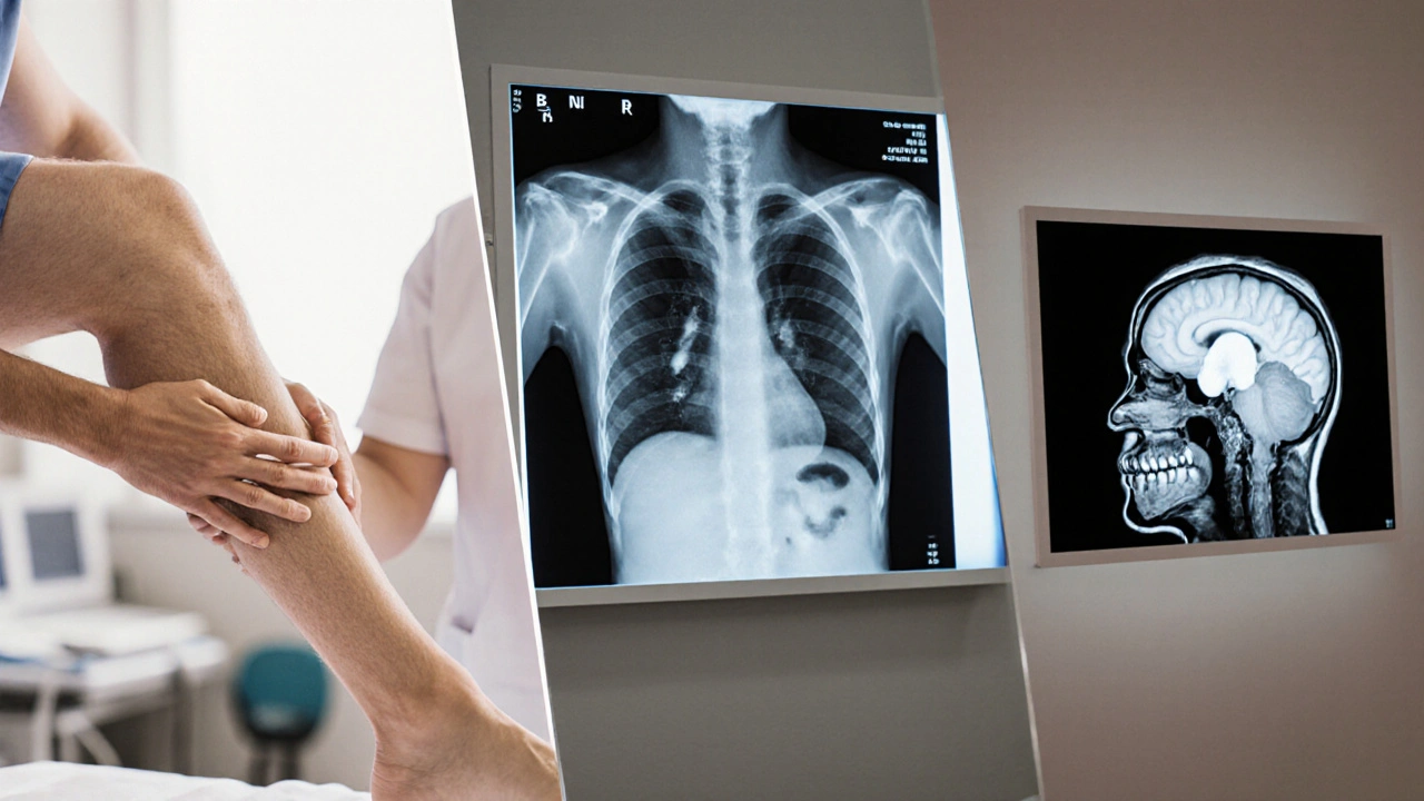Three side‑by‑side vignettes: pitting test on shin, chest X‑ray with fluid, MRI brain swelling.