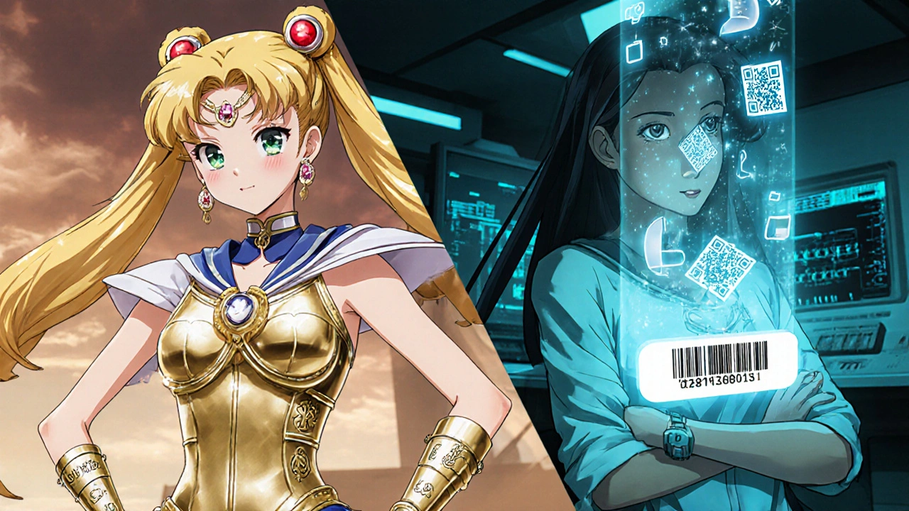 Two magical girls side by side showing engraved bracelet and QR‑code bracelet with holographic data.