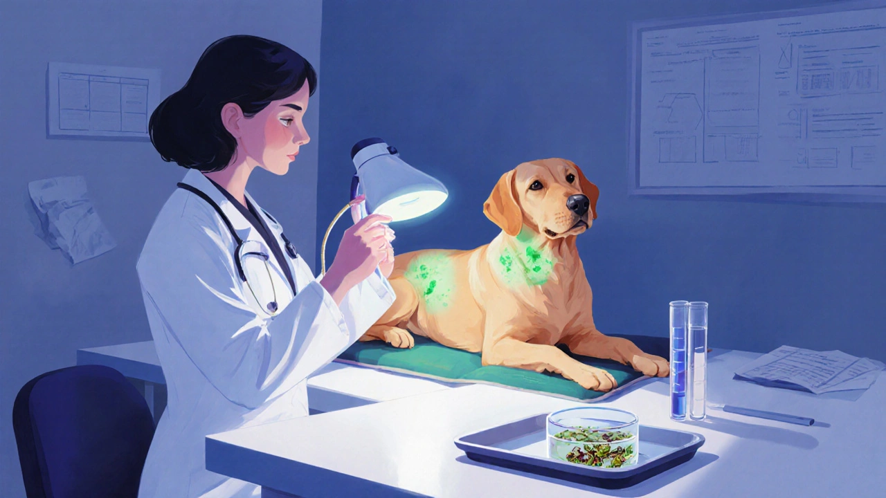 Veterinarian examining a dog with a Wood’s lamp, showing fluorescence of infection.