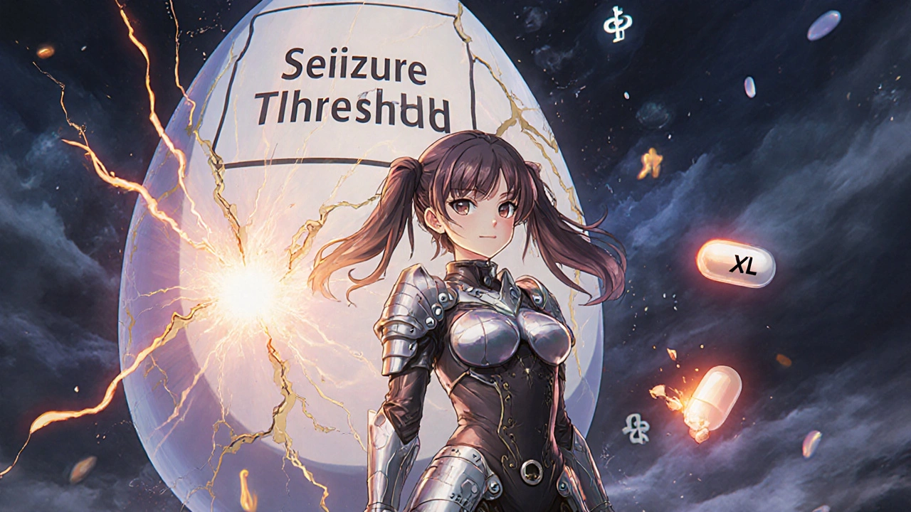 Warrior girl before a cracked eggshell labeled &#039;Seizure Threshold,&#039; with floating pills and warning symbols.