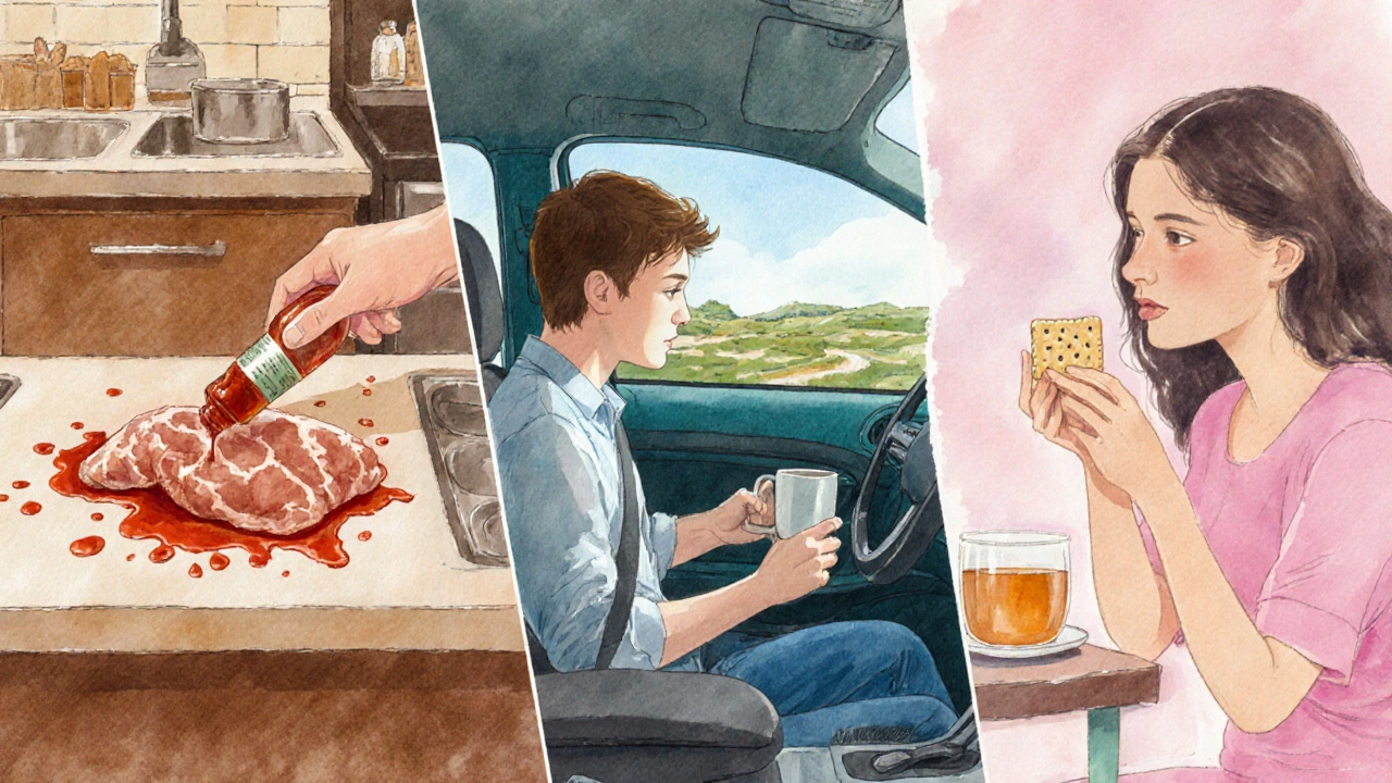 Watercolor montage showing kitchen food poisoning, car motion sickness, and pregnant woman with ginger tea.