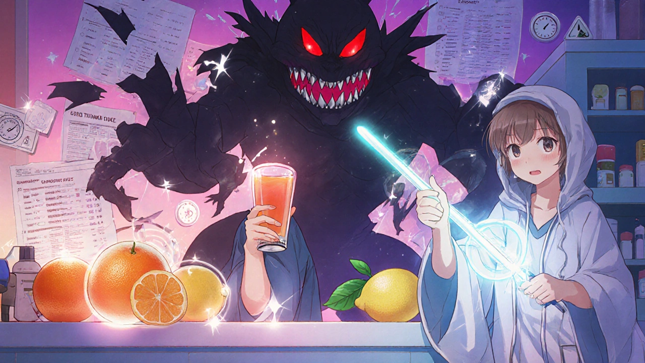 A girl facing a shadow monster made of grapefruit juice, with safe fruits glowing nearby.