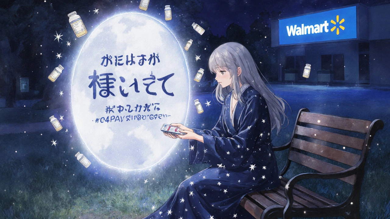 A girl giving a  pill pack to an elder under a starry sky, with floating prescription fireflies and a glowing pharmacy.