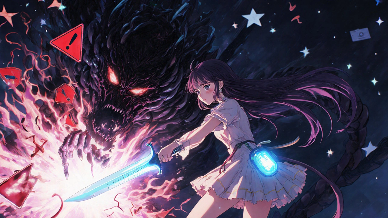 A magical girl fighting a shadow monster made of tubing with a syringe-sword, surrounded by blood sugar spikes.