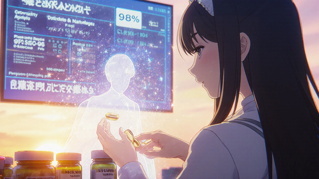 A magical girl hands a generic pill to a patient as doubt dissolves into sparkles, with patient outcomes displayed behind them.