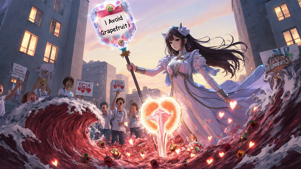 A medical mage blocking a tsunami of grapefruit juice with a shield, protecting a kidney symbol.