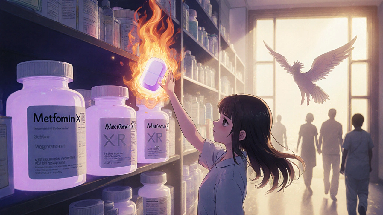 A mystical pharmacy shelf where extended-release metformin glows peacefully while immediate-release bottles flicker dangerously.