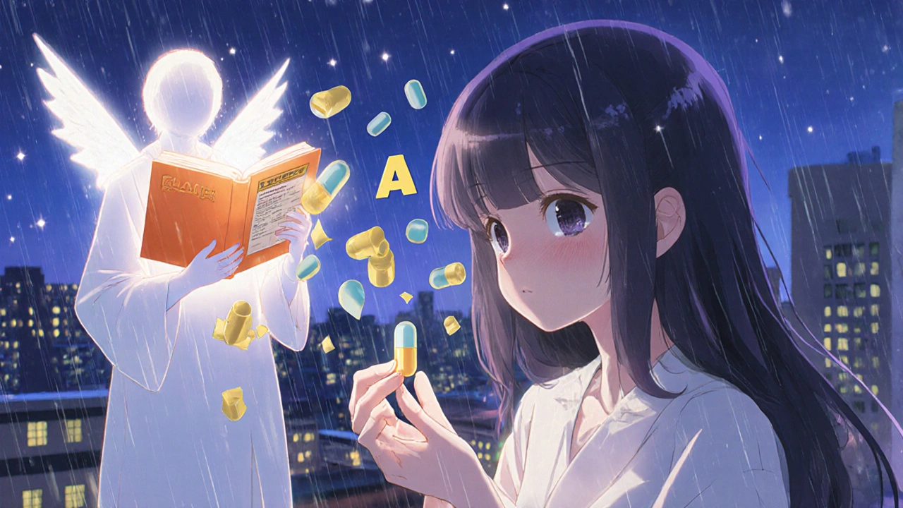 A patient surrounded by flickering generic pill versions, stabilized by the FDA Orange Book’s golden A-rated symbols.